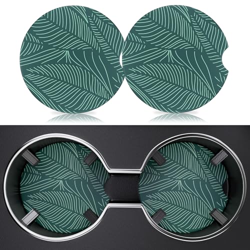 2 Pack Car Cup Holder Coasters, 2.63 inch Anti Slip Insert Absorbent Ceramic Coasters with Cork Base and Finger Notch, Cute Car Accessories Interior for Women - color: Black Leaves