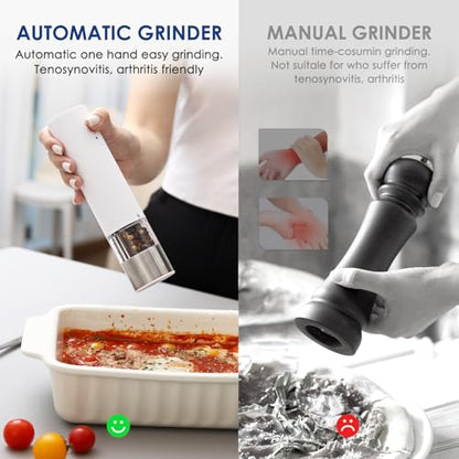 Vzaahu Electric Salt & Pepper Grinder Set Black & White Gorgeous Peppermill, Charging Indicator Light, Type-C Rechargeable, Long-lasting Battery-free, One-hand Operation, Home Cooking, Kitchen