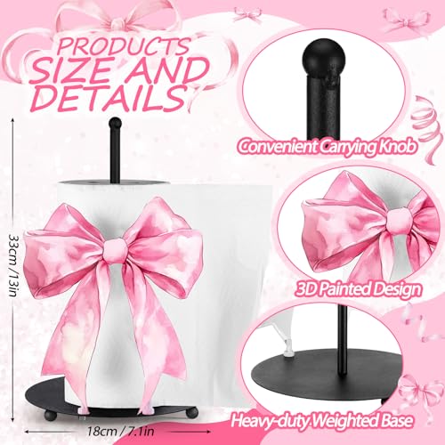 Pink Bow Paper Towel Holder Pink Countertop Kitchen Decor and Accessories Black Metal Farmhouse Large Tissue Stand Gifts for Coquette Party, 3D Hand Painting Pattern, Weighted Base - style: Pink Bow