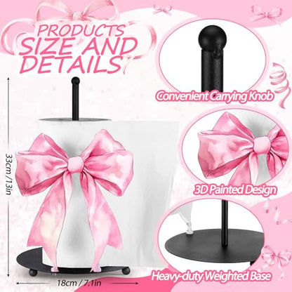 Pink Bow Paper Towel Holder Pink Countertop Kitchen Decor and Accessories Black Metal Farmhouse Large Tissue Stand Gifts for Coquette Party, 3D Hand Painting Pattern, Weighted Base - style: Pink Bow