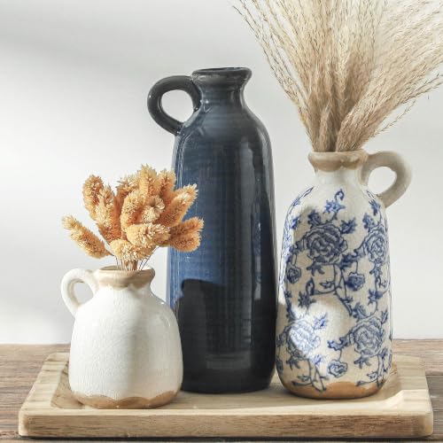 Ceramic Vase Set of 3 with Handle, Vintage Rustic Vases Home Decor Farmhouse Decorative Vase Pottery Decor Modern for Table Mantel Entryway Bookshelf Living Room Kitchen Bedroom - Blue - color: 010 - Vintage Blue