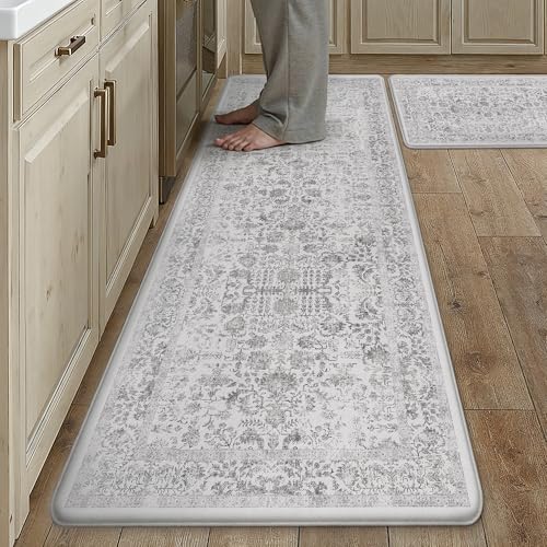 Kitchen Mats 2PCS Anti Fatigue Cushioned Mat Black Vintage Kitchen Mats for Floor Waterproof Non Slip Comfort Standing Retro Floral Rug for Sink Laundry Office 17.3"x59"+17.3"x30" - color: Accent | Black, size: 17.3"x59"+17.3"x30"--0.4inch