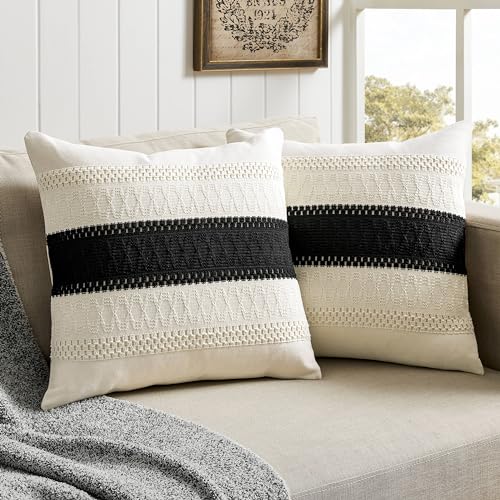 2 Pack Boho Throw Pillow Covers, Contrast Black 16x16in | Soft Breathable Cotton, Farmhouse Decorative Couch Pillow Cases, Cushion Covers for Sofa Bed Living Room Home Decor - color: Contrast/Black, size: 16" x 16" (Pack of 2)