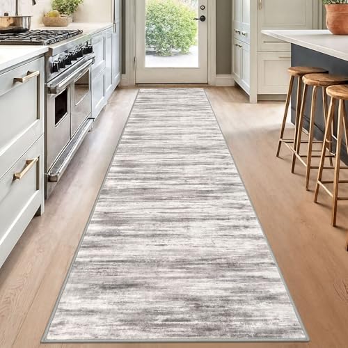 KOZYFLY Modern Abstract Washable Rug Runner 2.6x12 Hallway Rug Runner Non-Slip Soft Kitchen Runner Rugs, Grey/Light Beige/Brown Striped Carpet for Entryway Bathroom - color: Grey/Light Beige/Brown, size: 2'8" x 12' (Runner)