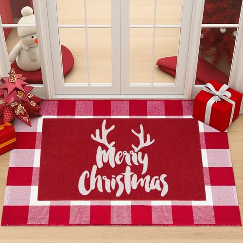 2 Pcs Christmas Door Mat Outdoor Merry Christmas Welcome Coir Door Mat Non Slip Front Doormat Red White Buffalo Plaid Layered Rug for Xmas Front Porch Entryway Decor
