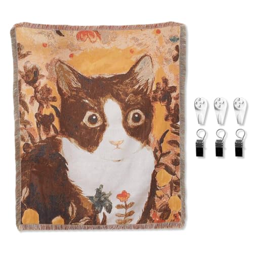 LumiSyne Woven Tapestry Throw Blanket With Hangers And Clips Cute Pet Pattern Cotton Throw With Tassel Decorative Throws For Sofa Bed Armchair Multi-Function Picnic Blanket Tablecloth Carpet 160x130cm - color: Oil Painting Cat