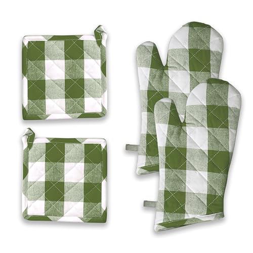Buffalo Plaid Check Oven Mitts and Pot Holders Set, 100% Cotton, Heat Resistant, 2 Oven Gloves (7x13 Inches) and 2 Hot Pads (8x8 Inches) for Cooking and Baking, Mint Green White - color: Mint Green, Buffalo Plaid