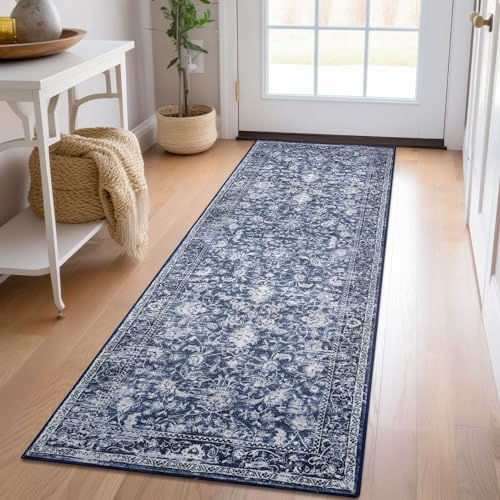 KILOCOCO Hallway Runner 2x6 Washable Runner Rug Non-Slip Kitchen Rug, Blue | Printed Runners for Hallways, Non Skid Kitchen Runner Rug, Soft Entryway Runner, Floral Runners for Bedroom Laundry Room - color: Blue/Navy/White, size: 2' x 6' (Runner)