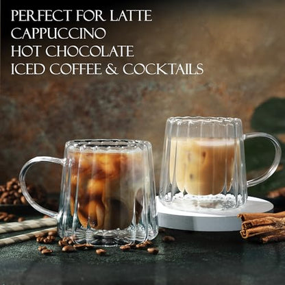 Joeyan Double Walled Glass Coffee Mugs,Latte Cappuccino Tea Cups with Handle,Insulated Borosilicate Espresso Shot Cups,Glass Milk Creamer Pitcher Frothing Cup Hot Beverage Glassware,8.5 oz,Set of 2 - color: 8.5 oz Double Walled Glass Coffee Mugs