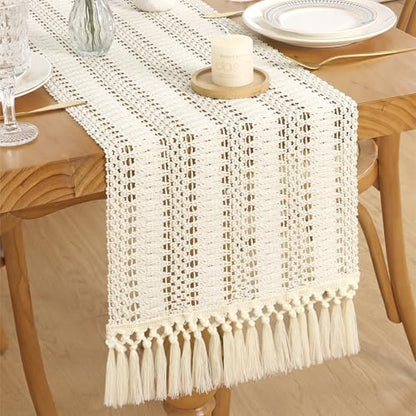 Betylifoy Boho Macrame Table Runner 71Inches Farmhouse Woven Tassels Runner | Cream Beige Rustic Burlap Table Runners Cotton Linen Coffee Table Runner for Bohemian Dining Kitchen Dresser Table Decor - size: 12x71in