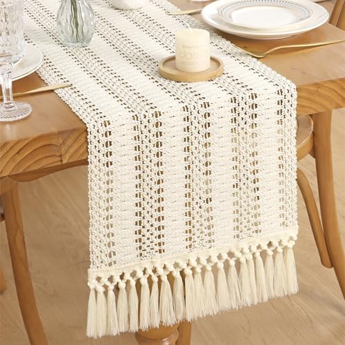 Betylifoy Boho Macrame Table Runner 94Inches Farmhouse Woven Tassels Runner | Cream Beige Rustic Burlap Table Runners Cotton Linen Coffee Table Runner for Bohemian Dining Kitchen Dresser Table Decor - size: 12x94in