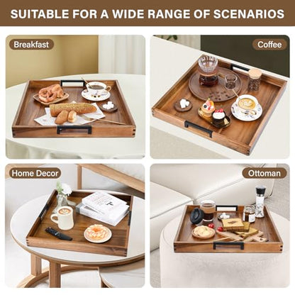 Large Square Ottoman Tray for Living Room and Coffee Table, Decorative Acacia Wood Serving Tray with Metal Handles for Breakfast in Bed, Dinner Food Kitchen TV (Natural, 22" x 22" x 2") - size: 22" x 22" x 2"
