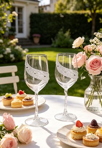 Bling Rhinestone Red Wine Glasses Set of 2 – Elegant Crystal Glass with Artificial Diamonds – 300ml Capacity, Long Stem,Perfect for Red or White,Daily Use,Unique Wedding Anniversary or Birthday Gift.