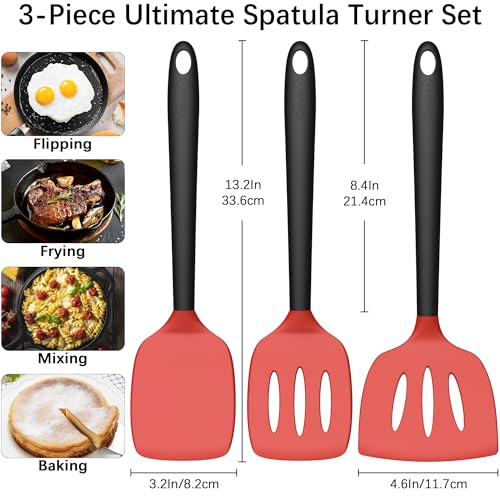 Coukre 3 Pack Silicone Spatula Set, Heat Resistant to 500°F, BPA-Free | Fish Spatula, Solid & Slotted Turners, Dishwasher Safe, Spatula Set for Eggs, Pancakes, Fish & Burgers, RedBlack - color: RedBlack