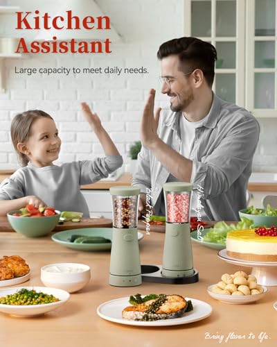 Electric Salt and Pepper Grinder Set with Storage Base, Stainless Steel Rechargeable Salt and Pepper Grinder Set with 4.5 oz Large Capacity, 1.8" Wide Mouth, Adjustable Coarseness, Ideal for Kitchen - color: Green