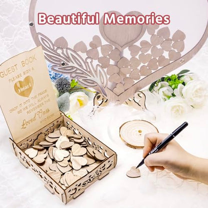 Wedding Guest Book Alternative, Rustic Heart Shaped Wooden Guest Book with 100 Wooden Hearts Tree for Wedding Party Birthday, Personalized Wedding Decor with Guest Sign-In Box & Heart Frame for Photo