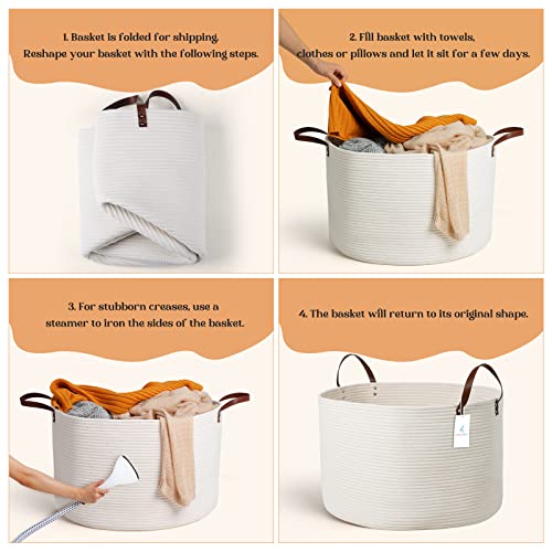 Extra Large Nursery Storage Basket, 22 x 22 x 14 inches - 100% Cotton Rope Baskets with Handles, Laundry Basket for Toys, Blankets & Pillows - Off White with Leather Handles - color: White