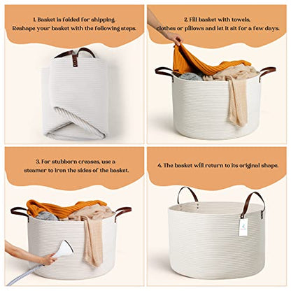 Extra Large Nursery Storage Basket, 22 x 22 x 14 inches - 100% Cotton Rope Baskets with Handles, Laundry Basket for Toys, Blankets & Pillows - Off White with Leather Handles - color: White