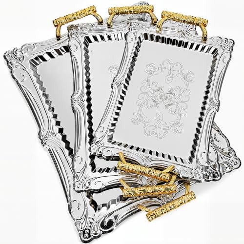 3 Pack Metal Serving Trays with Handles, Decorative Floral Platter Trays for Coffee Tea, Food, Dessert, Jewelry, for Buffet Wedding Party Kitchen Home Decor(Flower,Black, Gold) - color: Black, Gold, style: Flower