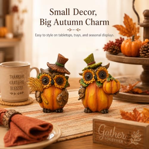 Hodao Owl Sculpture - Resin Thanksgiving Decor, Handmade Fall Centerpiece in Country Style, Unique Patented Design, 5.5 inches Tall