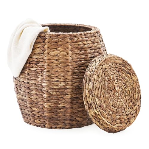 Round Wicker Basket with Lid, Handwoven Hyacinth Storage Basket, Blanket Organizer Basket for Laundry, Bathroom, Bedroom, Living Room, Office - color: Espresso, size: 20"