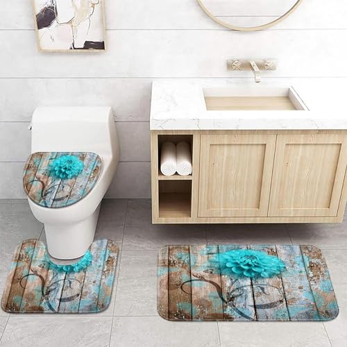 JAWO Farmhouse Floral Flower Bath Mat, Teal Dahlia on Rustic Wooden Plank Country Barn Wood Turquoise Blue Bath Mat Sets, U-Shaped for Bathroom Rugs, Toilet Mats, Non-Slip Shower Mat - color: Green, size: 1'3" x 1'6" (U-Shaped)