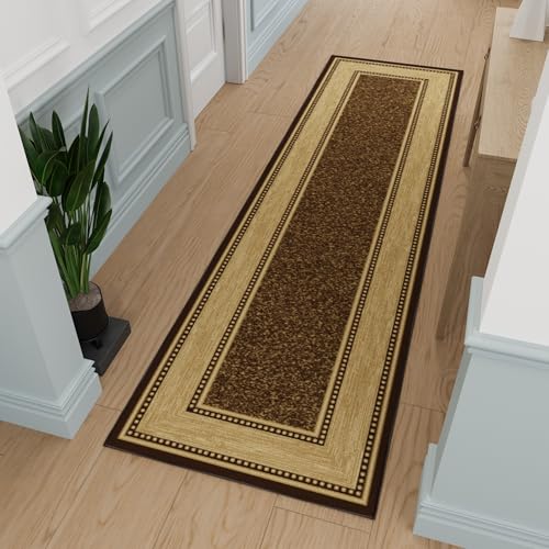 Ottomanson 3x10 Hallway Runner Rug – Non-Slip Kitchen Rugs | Border Entryway Rug Runner Ultra Thin Floor Mat – 10 ft Carpet for Bathroom, Living Room, Bedroom, 2'7" x 9'6" - color: Border Dark Brown, size: 2'7" x 9'10" (Runner)