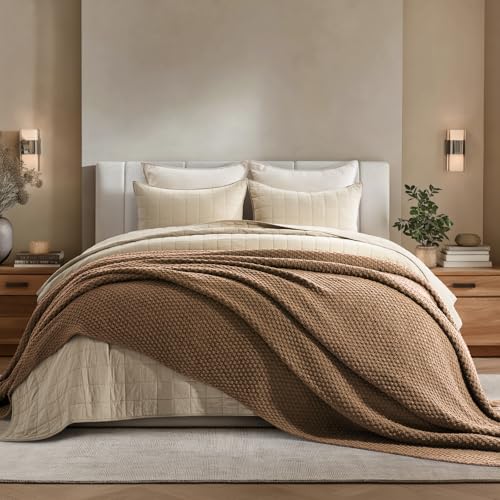 EVERGRACEHOME Chunky Chenille Knit Throw Blanket, 108x92, Camel Brown | Sculpted Moss Stitch, Chic Modern Farmhouse, All-Season Warmth, OEKO-TEX® Certified, Oversized King for Couch, Bed, Sofa - color: Camel Brown, size: 108" X 92"