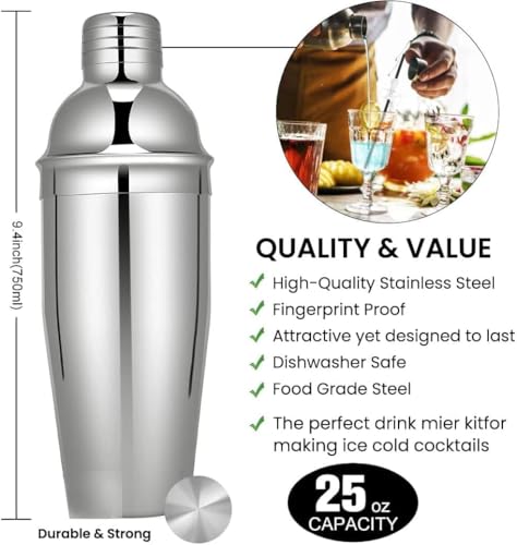 Bartender Kit, 26-Piece Cocktail Shaker Set Stainless Steel Drink Shaker Bar Set with Acrylic Stand & Cocktail Recipes Booklet, Perfect Cocktail Set for Drink Mixing, Home, Bar and Parties