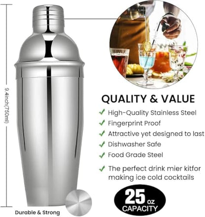 Bartender Kit, 26-Piece Cocktail Shaker Set Stainless Steel Drink Shaker Bar Set with Acrylic Stand & Cocktail Recipes Booklet, Perfect Cocktail Set for Drink Mixing, Home, Bar and Parties