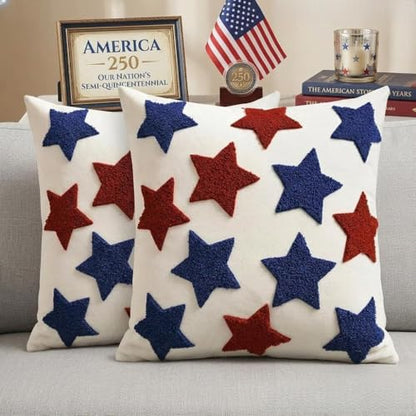 4th of July Patriotic Pillow Covers with Red Blue Stars Embroidered | Pillow Covers 18x18 Independence Day Decor | Tufted Patterned Linen Cushion Case for Couch Sofa