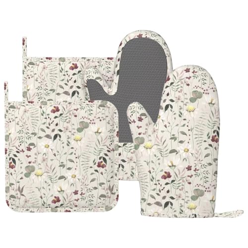 Vintage Wildflowers Oven Mitts and Pot Holders Sets Silicone Abstract Branches and Green Leaves Kitchen Oven Mitts Hot Pads Heat Resistant Potholders Kitchen Mitts Set for Baking Cooking - color: Beige Green