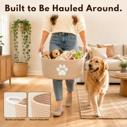 Dog Toy Basket with Handles, Boho Cotton Rope Storage Bin Organizer | Warm boho dog toy organizer, natural woven look. Holds toys, blankets & leashes. Machine washable, collapsible rope bin - color: Khaki / White Paw