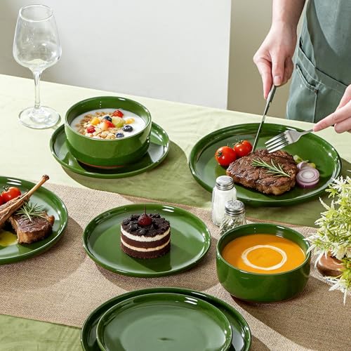 28 OZ Ceramic Cereal Bowls Set, 6 Inch, Set of 4, Elegant Green | Handcrafted, Dishwasher & Microwave Safe, Stoneware Deep Soup Bowls for Everyday Use - color: Green, size: Cereal Bowls Set (4PCS)