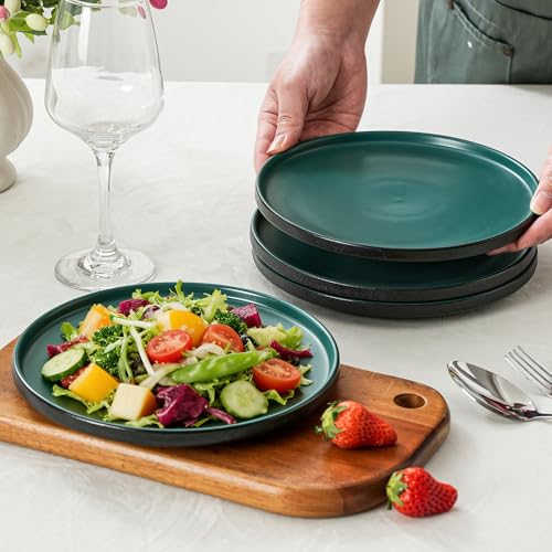 Ceramic Salad & Dessert Plates Set, 8 Inch, Set of 4, Modern Green | Stoneware, Dishwasher & Microwave Safe, Small Dinner Plates, For Cake, Fruits, Waffle, Pasta, Salad - color: Green, size: Salad Plates Set (4PCS)