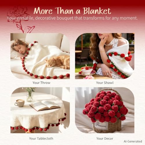 Crochet Rose Bouquet Blanket Shawl for Women, Handmade Chunky Knit Red Flower Throw Blankets Wrap with Gift Box, Creative Mother's Day Birthday for Her Mom Wife Girlfriend, 43"X43"