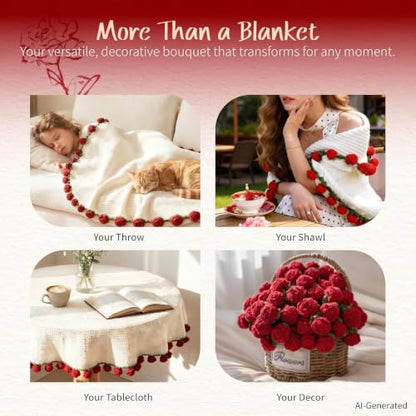 Crochet Rose Bouquet Blanket Shawl for Women, Handmade Chunky Knit Red Flower Throw Blankets Wrap with Gift Box, Creative Mother's Day Birthday for Her Mom Wife Girlfriend, 43"X43"