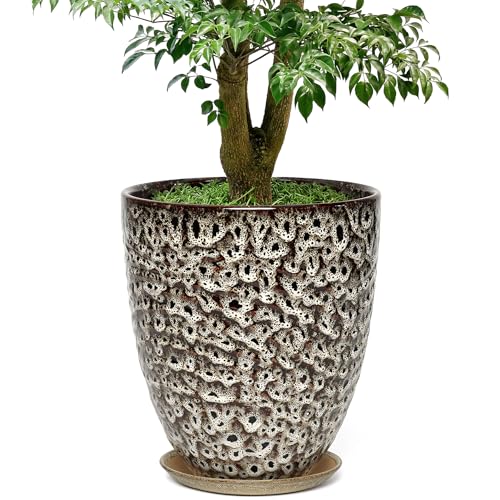 11.8 Inch Modern Ceramic Plant Pot with Saucer, Flower Pot with Drainage Hole Mesh Net,Indoor Outdoor Planter (Speckle White) - color: Peacock White, size: 11.8 Inch