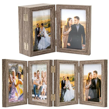 POILKMNI 4x6 In Four Picture Frame 4 Hinged Photo Frame with 4 Openings | Natural Wood Foldable Photo Frame High Definition Acrylic for Mothers Day Father's Day Christmas Gift, Family Picture, Gray - color: Gray, size: 4x6