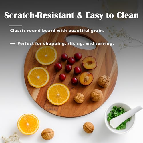 GoCraft Acacia Wood Round Cutting Board with Handle – 12x12 Inches | Rustic Wooden Cheese Board | Charcuterie Tray | Natural Rustic Kitchen Chopping Board | Farmhouse Food Prep & Serving Platter