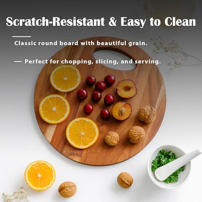 GoCraft Acacia Wood Round Cutting Board with Handle – 12x12 Inches | Rustic Wooden Cheese Board | Charcuterie Tray | Natural Rustic Kitchen Chopping Board | Farmhouse Food Prep & Serving Platter