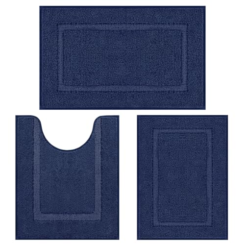 SHACOS Navy Blue Bathroom Rugs Sets 3 Piece Bath Mat U Shaped Toilet Rug | 20x32+ 16x24+ 20x24, Soft Fluffy Microfiber Bath Rugs Set, Non Slip Washable Absorbent Bathroom Floor Mats Carpet Shower Rug - color: Navy Blue, size: 16"x24"+ 20"x32"+U Shape 20"x