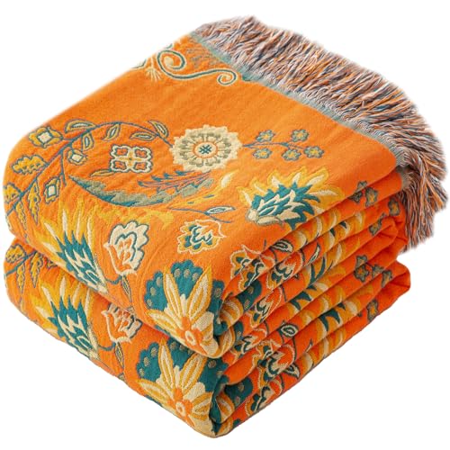 Phuryllic Boho Throw Blanket Throw Size, Soft Cozy Cotton Muslin Quilt Blanket for Bed Decor, Bird Patterned Couch Sofa Chair Cover, Vintage Farmhouse Cottage Tapestry Woven Blanket, Orange&Green - color: Blooming Words, size: 50" x 60"