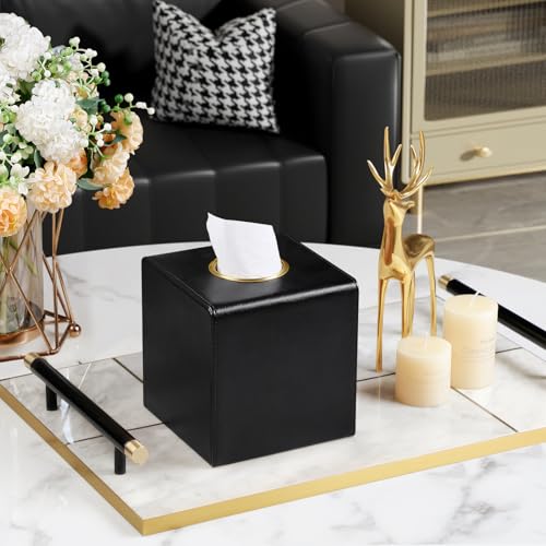 Square Tissue Box Cover with Magnetic Closure, Black | Luxury PU Leather Tissue Holder with Gold Tone Metal Opening, Fits All Standard Cube Tissue Boxes - color: Black