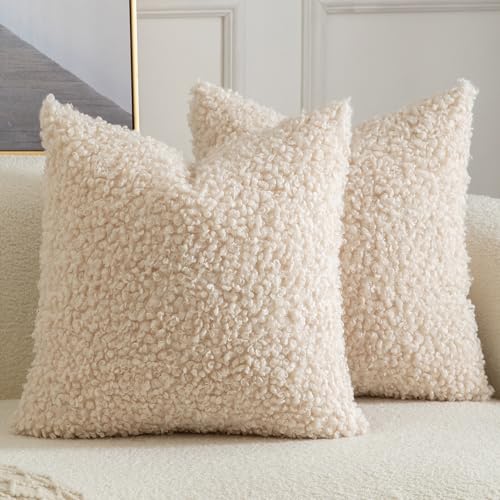 Yaertun Pack of 2 Faux Fur Throw Pillow Covers Decorative Sherpa Boucle Pillow Covers Fuzzy Soft Pillowcases Sheepskin Fleece Cushion Case for Couch Sofa Bed Living Room 22x22 Inch Beige - color: Beige, size: 22" x 22" (Pack of 2)