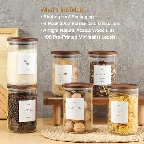 6 Pack Glass Jars with Acacia Lids, 32oz Pantry Airtight Storage Containers | Glass Kitchen Canisters with 105 Labels, Food Storage Containers for Pantry with Wood Lids for Coffee, Tea, Sugar, Pasta - size: 32oz 6 Pack