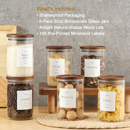 6 Pack Glass Jars with Acacia Lids, 32oz Pantry Airtight Storage Containers | Glass Kitchen Canisters with 105 Labels, Food Storage Containers for Pantry with Wood Lids for Coffee, Tea, Sugar, Pasta - size: 32oz 6 Pack