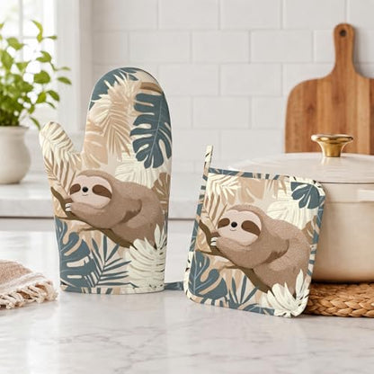 Sloth Boho Palm Leaves Oven Mitt and Pot Holder with Silicone Heat Resistant Kitchen for Cooking BBQ Baking Grilling Cooking Protection - color: Sloth Boho Palm Leaves