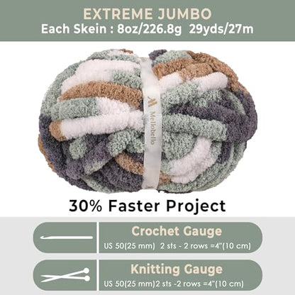 Jumbo Chunky Yarn for Hand Knitting - Super Thick Chenille Chunky Yarn for Crocheting - Extra Soft Bulky Fluffy Blanket Big Yarns 8 Jumbo Pack (27yds,8 oz Each Skein) - color: Stone Moss