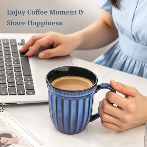 Coffee Mugs Set of 4, 16oz Navy Blue Ceramic Coffee Mug with Embossed Ribbed, Farmhouse Tea Cup Set for Latte, Cappuccino, Milk, Large Handle, Suitable for Office Home Restaurant Housewarming Gift - color: Navy Blue